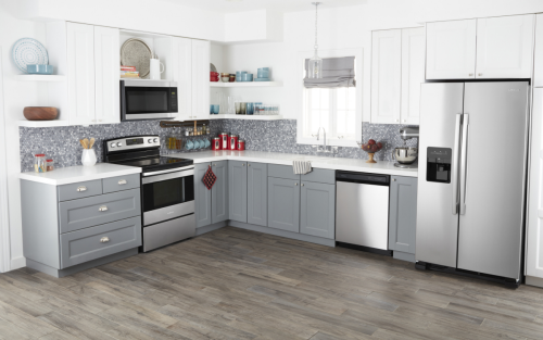 Amana® appliances set in gray cabinetry