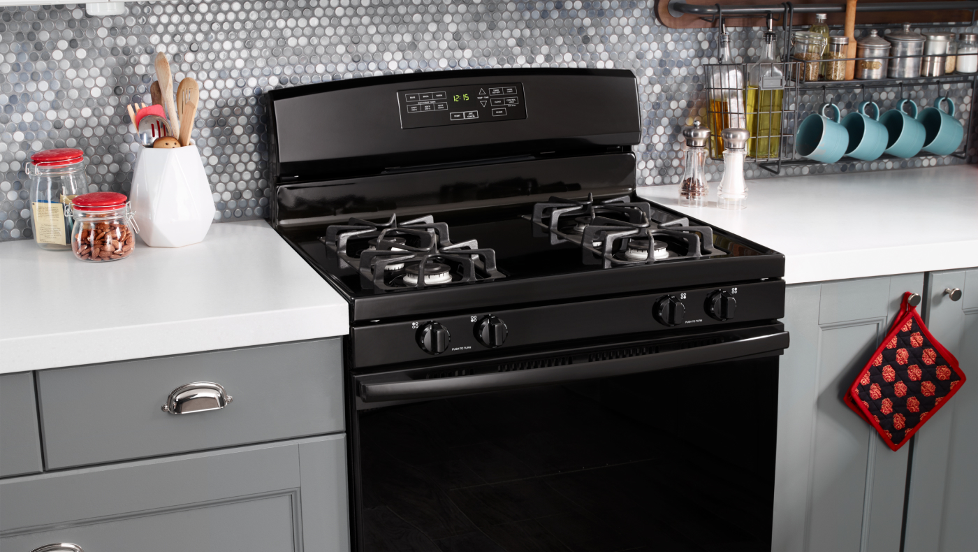  Black Amana® range set in black cabinetry
