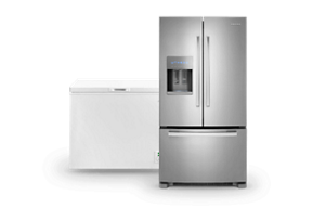 An Amana® Upright Freezer and Side-by-Side Refrigerator